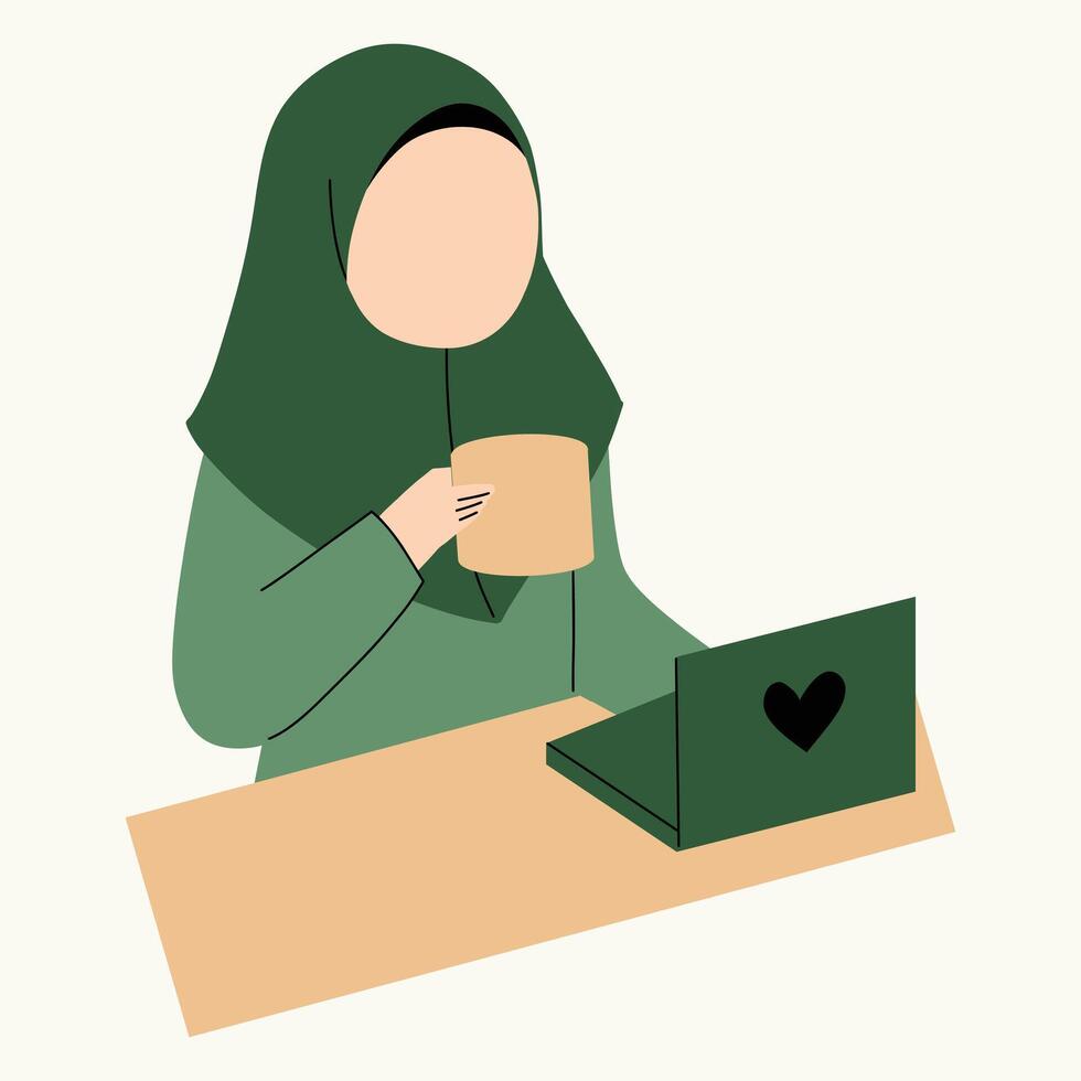 A person in a hijab enjoys a drink while working on a laptop. vector
