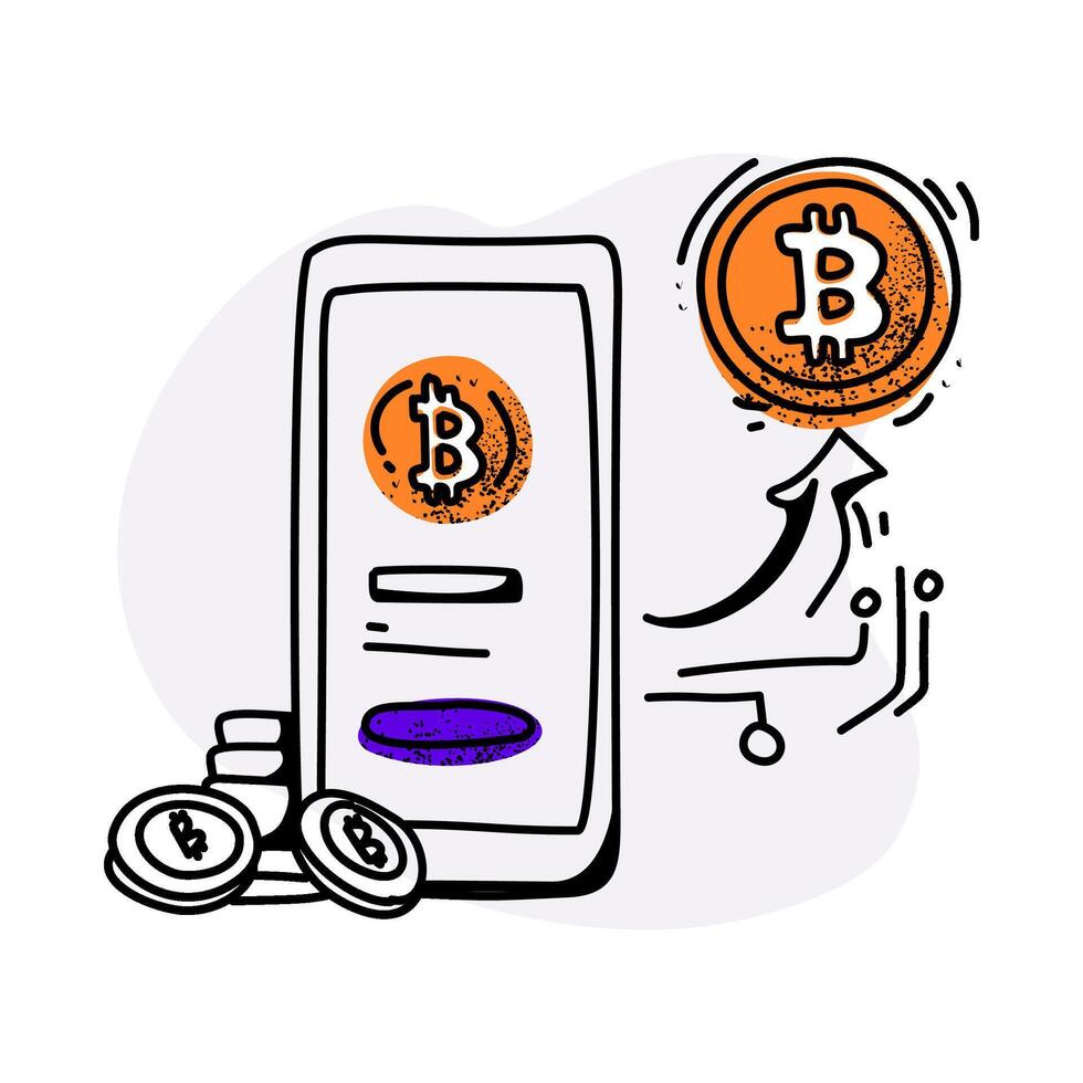 Flat artwork showcasing a Bitcoin transfer concept with a phone interface and blockchain connections vector