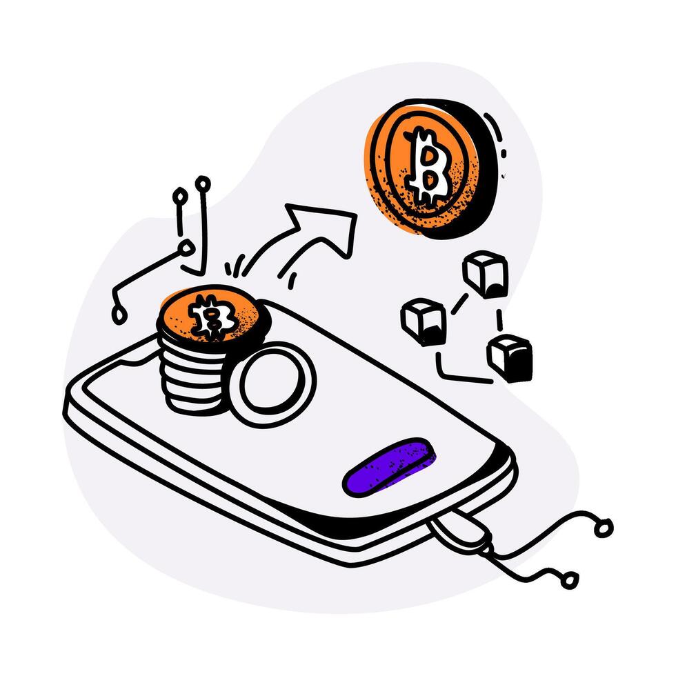 interacting with a mobile wallet and a blockchain network in a clean, minimalistic style vector