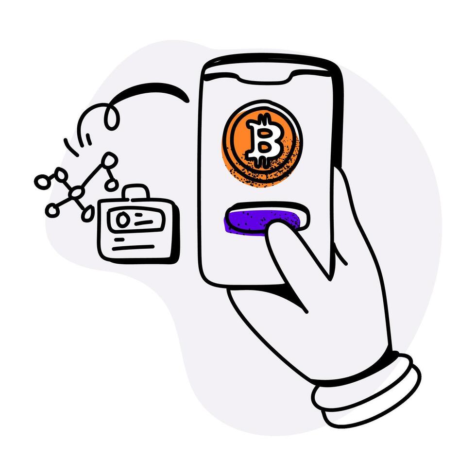 Mobile cryptocurrency app concept art featuring a Bitcoin transaction and a blockchain connection in the background vector