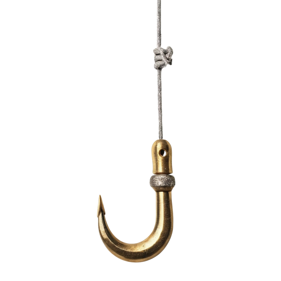 Metallic brass fishing hook attached on a string png