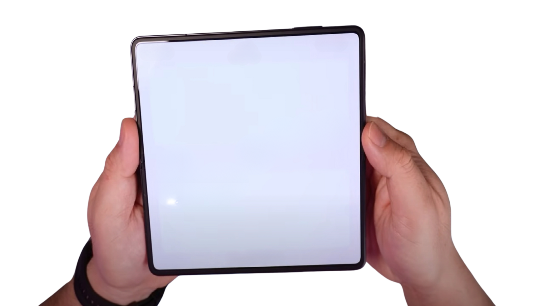 A hand holding a foldable phone with white screen isolated on a transparent background png