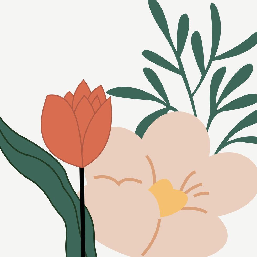 gorgeous blooming flowers and leaves border. Spring botanical flat illustration on white background. vector