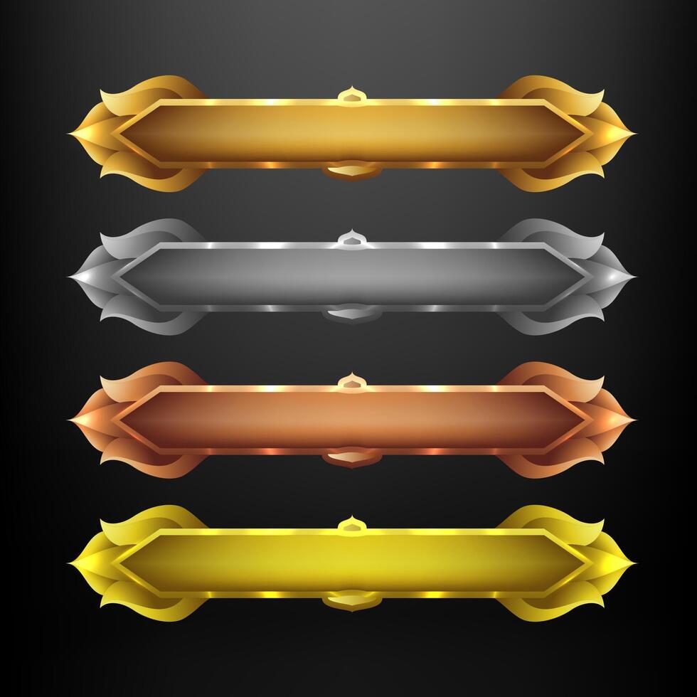 Luxurious Gaming UI Title Banner Frame Set. Gold, Silver, Bronze, Yellow game interface border overlay lower third elements vector
