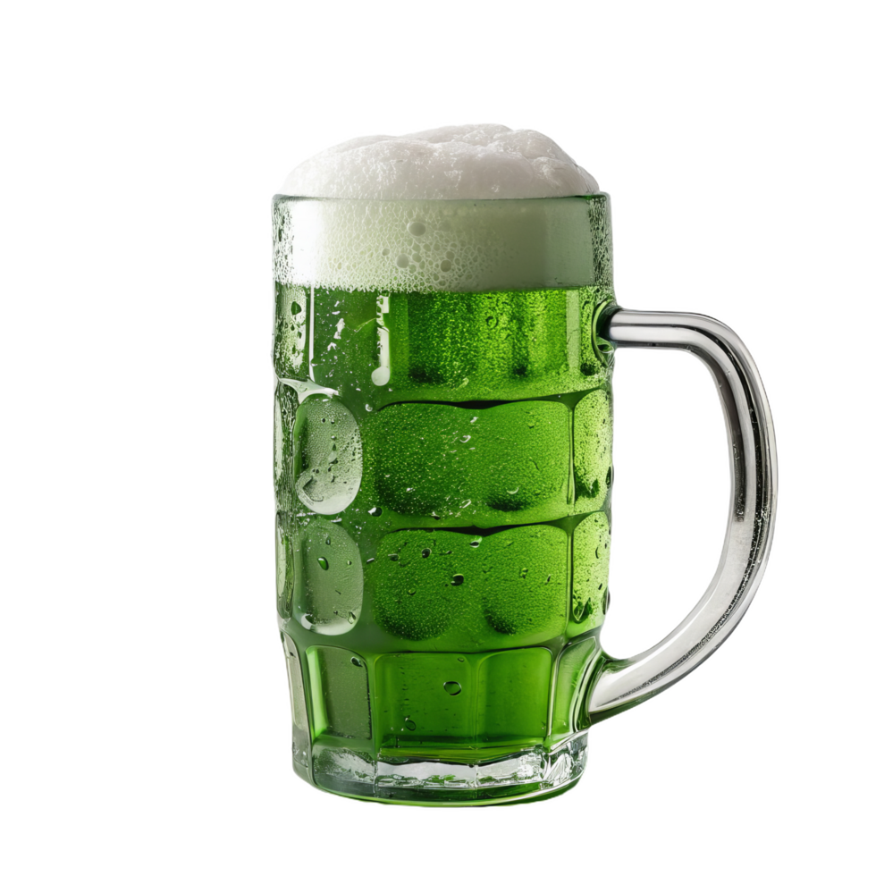 green beer mug filled with frothy beer on white surface png