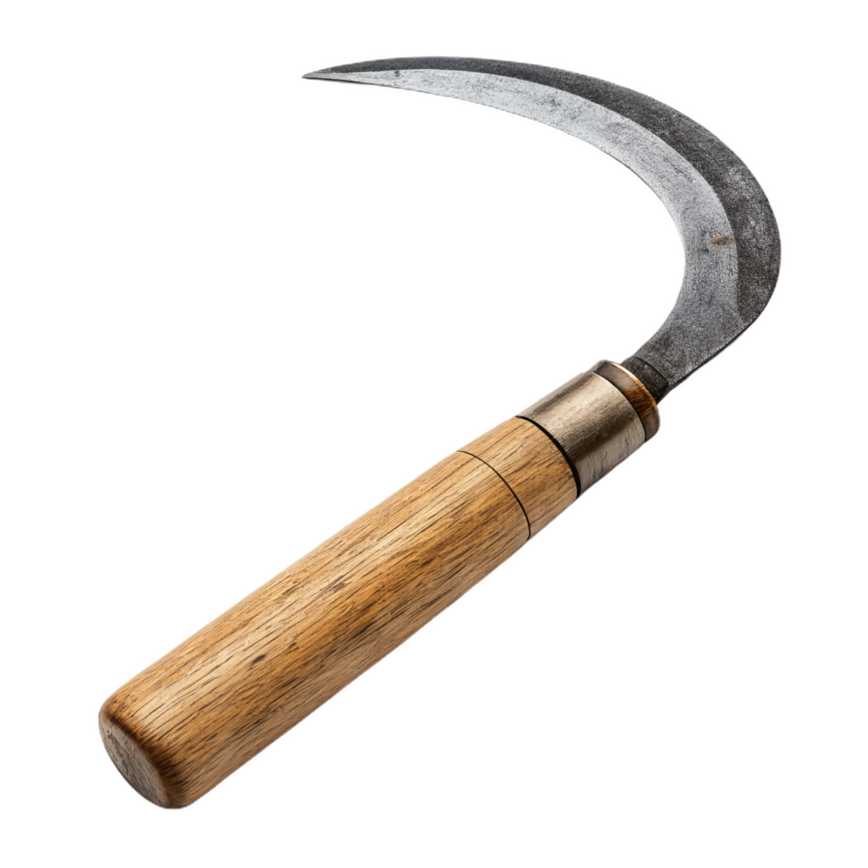 small hand sickle with sharp curved blade and wooden handle png