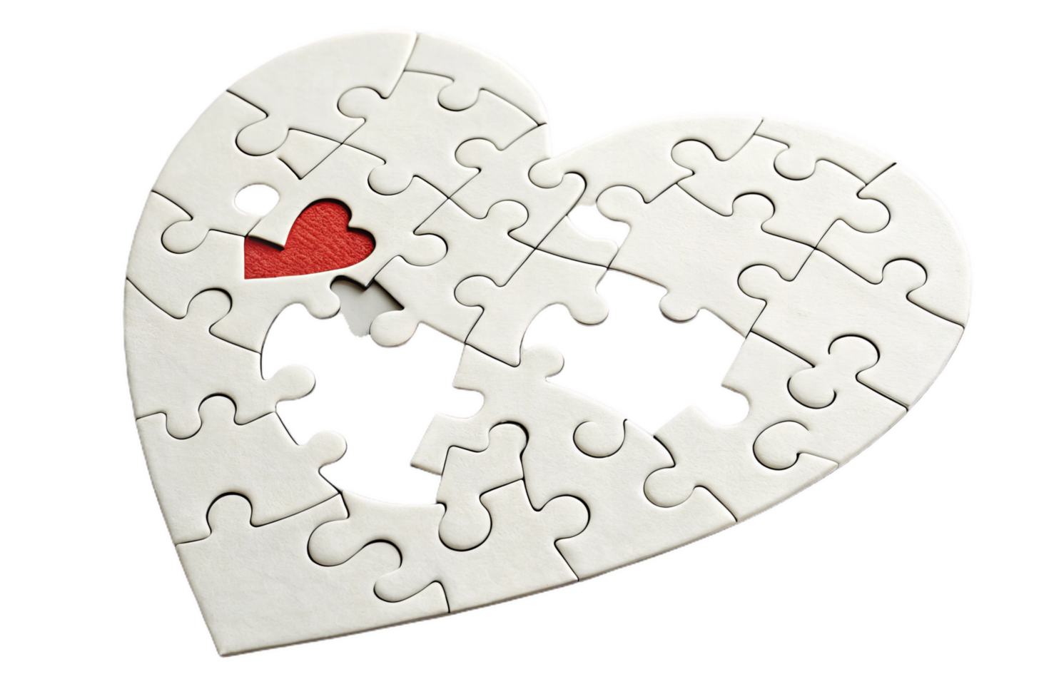 heart shaped puzzle with missing piece symbolizes love and connection. red piece stands out, representing importance of completing picture png