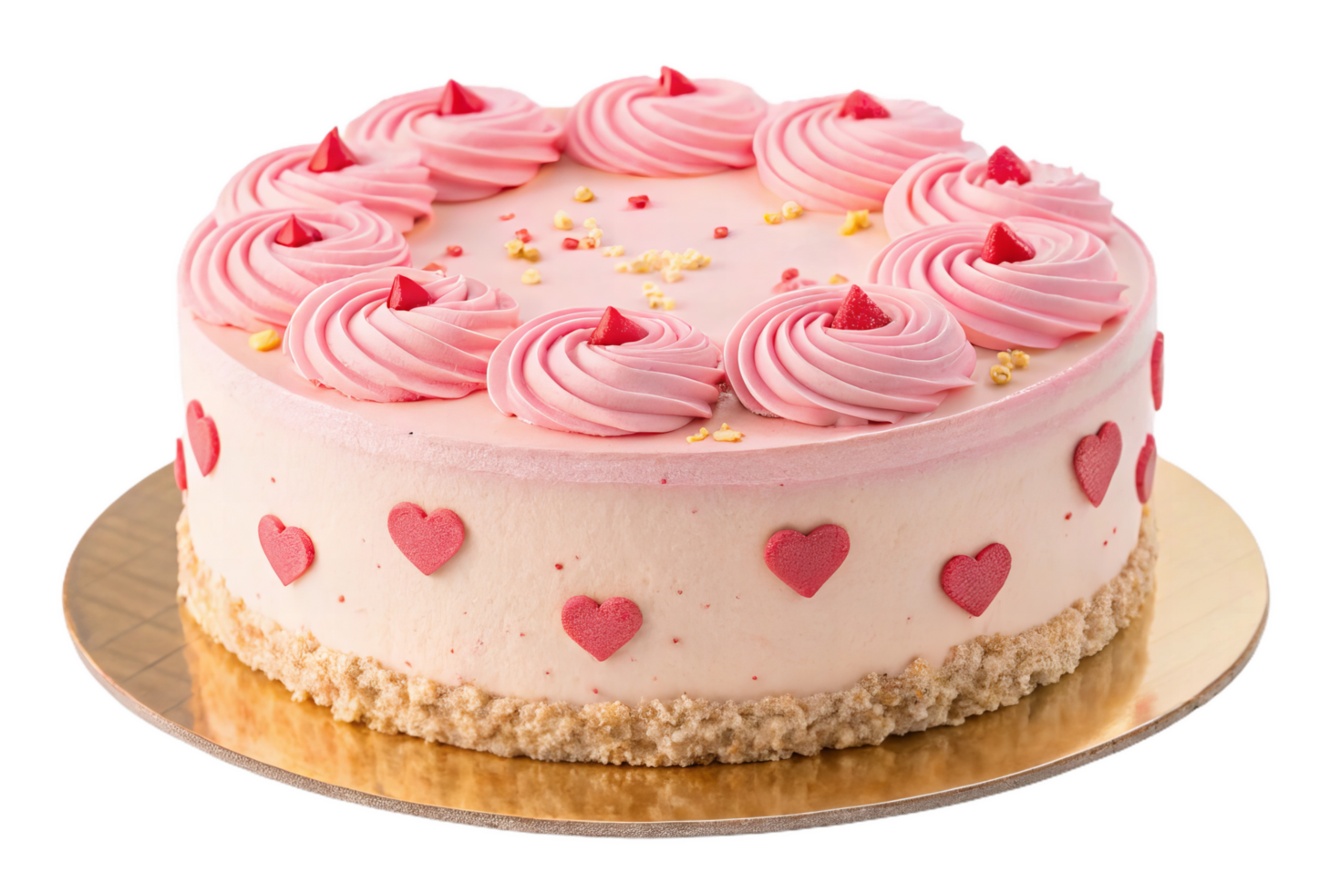 delicious cake with pink frosting and heart shaped decorations, perfect for celebrations. sweet design adds charming touch to any occasion png