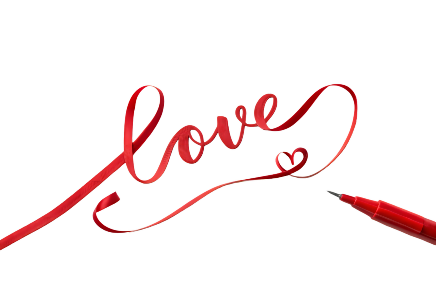 red ribbon forming word love in cursive, with pen nearby, symbolizing affection and creativity png