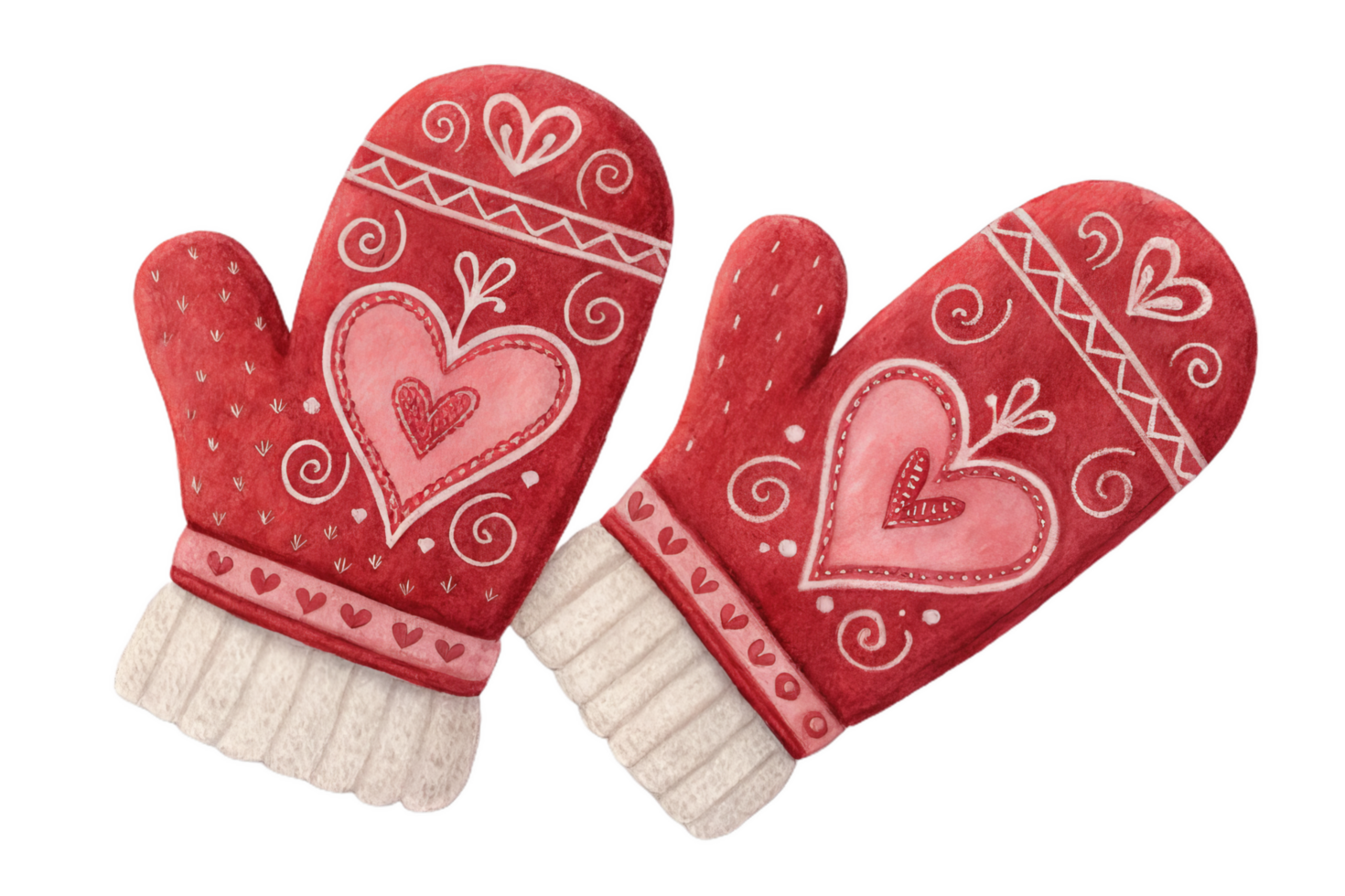 Warm and cozy red mittens with heart patterns, perfect for winter. These charming mittens add touch of love and warmth to any cold day png