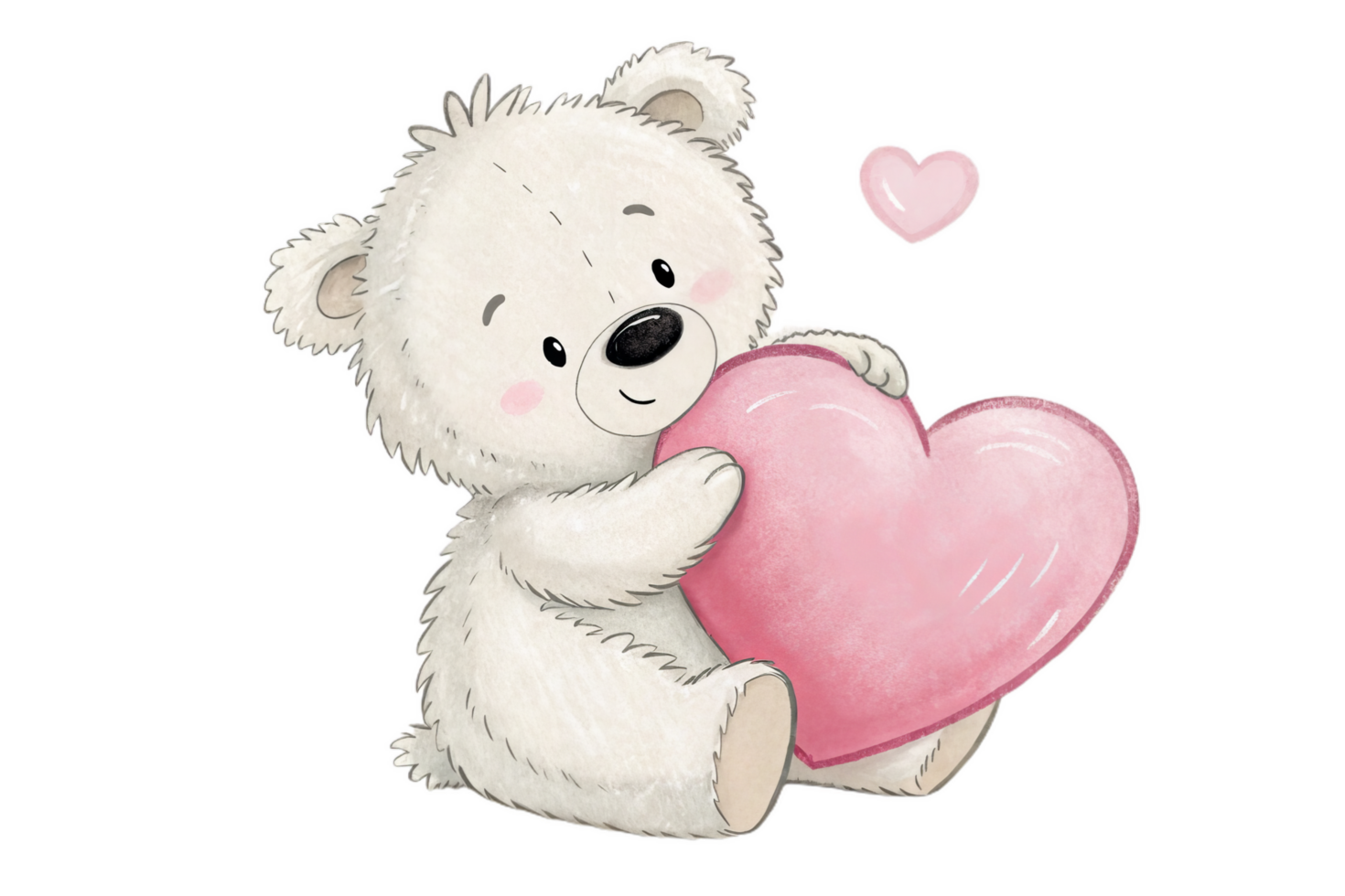 fluffy white teddy bear holding big pink heart, exuding warmth and affection. This adorable character is perfect for conveying love and comfort png