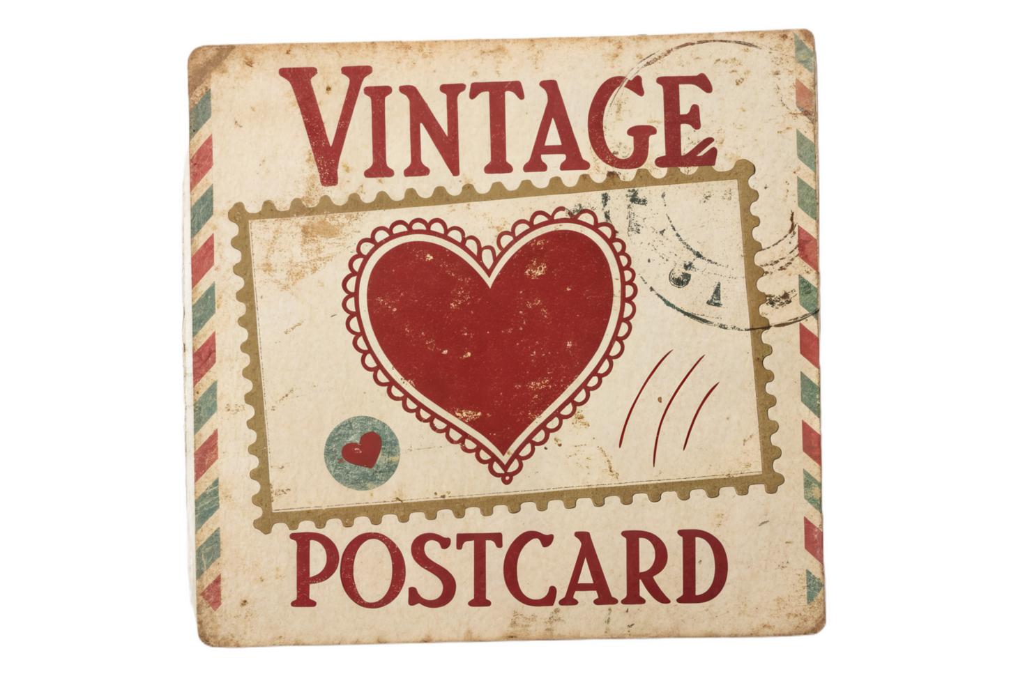 Vintage postcard with red heart stamp, featuring charming design and nostalgic appeal. Perfect for expressing love and sentiment png