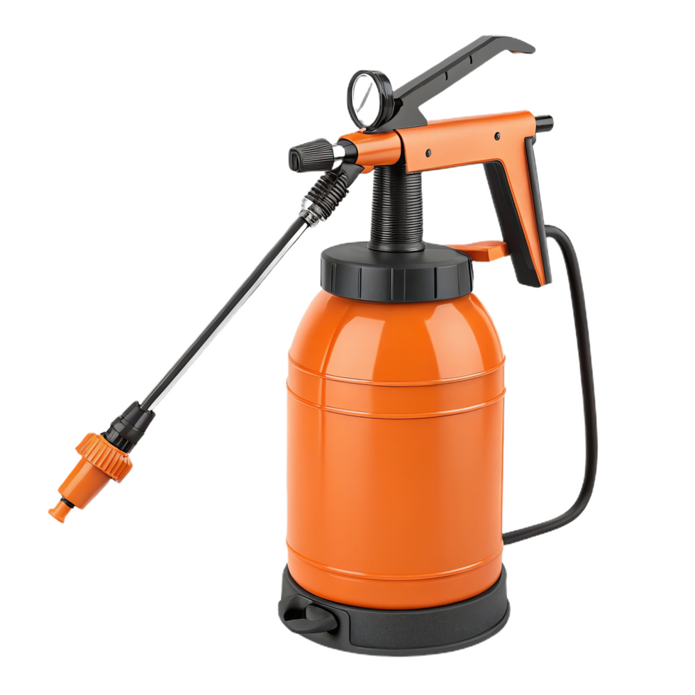 Bright orange pesticide sprayer with pump handle for easy use png
