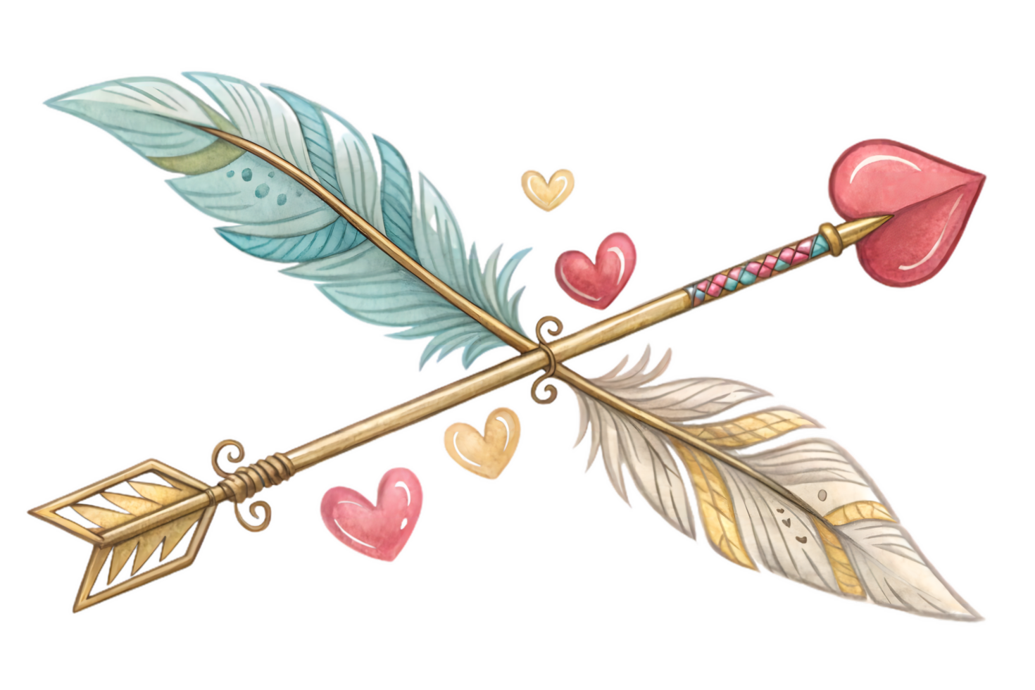 beautifully illustrated cupid arrow adorned with colorful feathers and heart shaped tips, symbolizing love and affection. Perfect for romantic themes png
