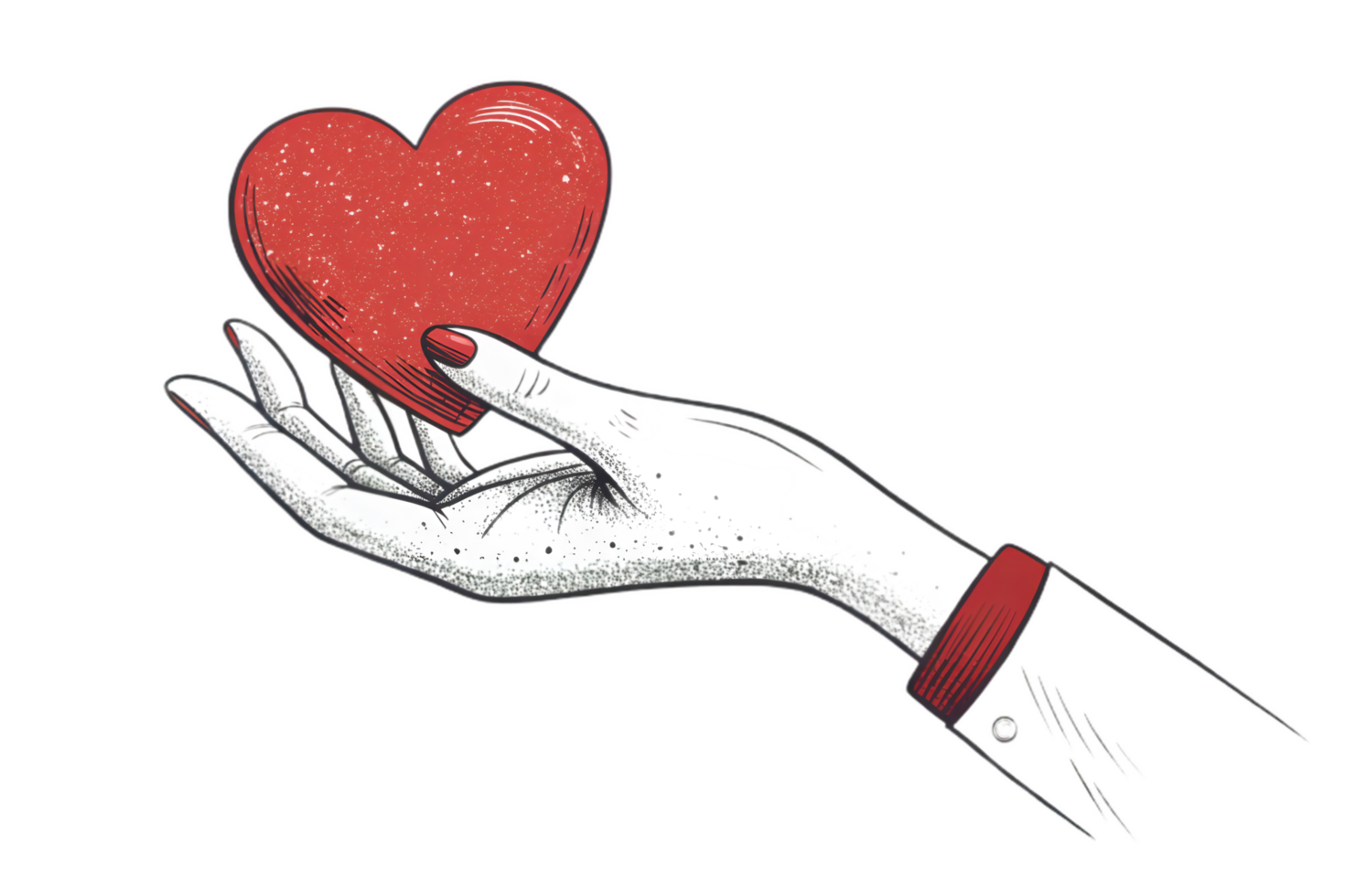 hand holding red heart, illustrated with detailed lines and shading, symbolizes love and affection. vibrant heart stands out against hand elegant design png