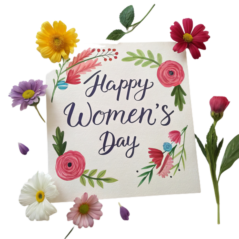 Happy Women Day card with colorful flowers and vibrant design png