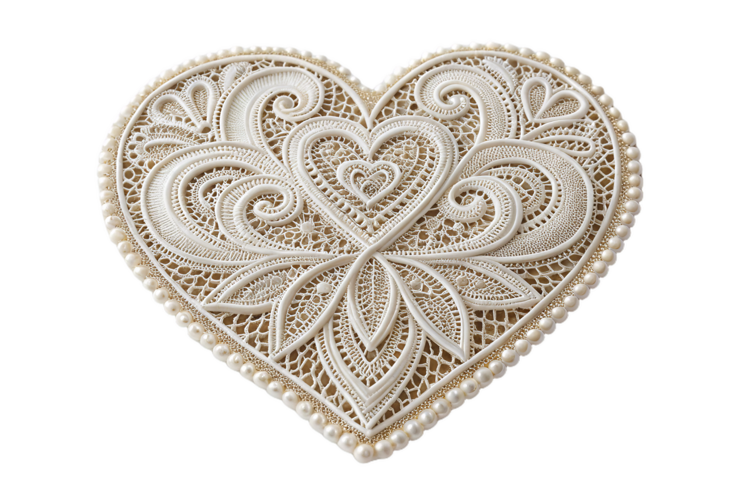 delicate lace heart with intricate patterns and elegant designs, showcasing fine craftsmanship and artistry. Perfect for romantic occasions or decorative purposes png