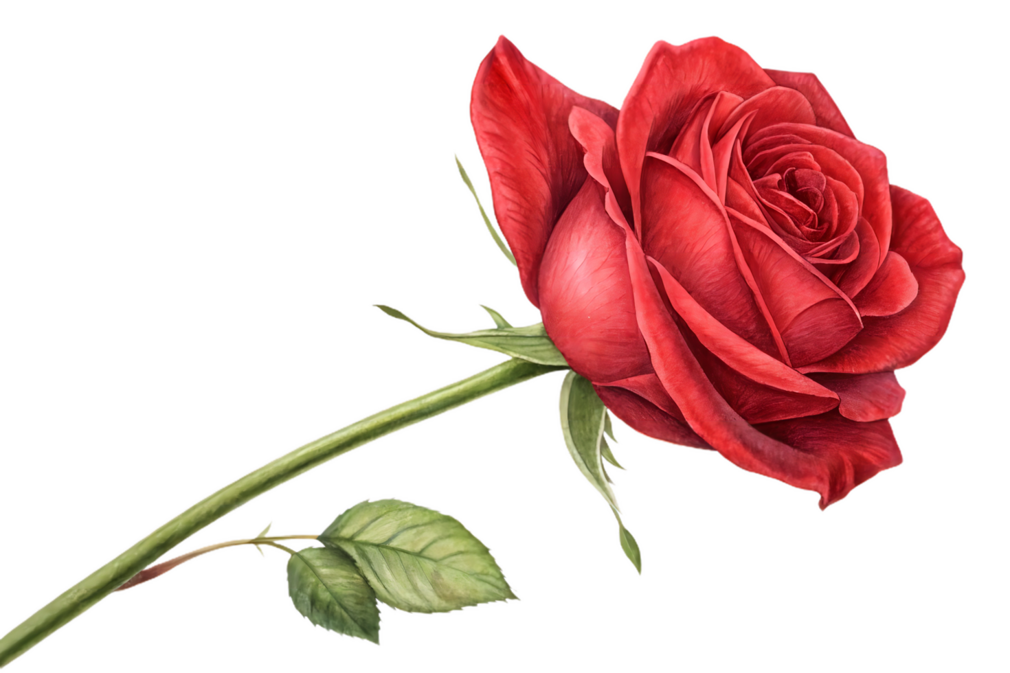single red rose in full bloom, showcasing detailed petals and vibrant color, symbolizes love and beauty. Its elegant stem and leaves enhance its charm png