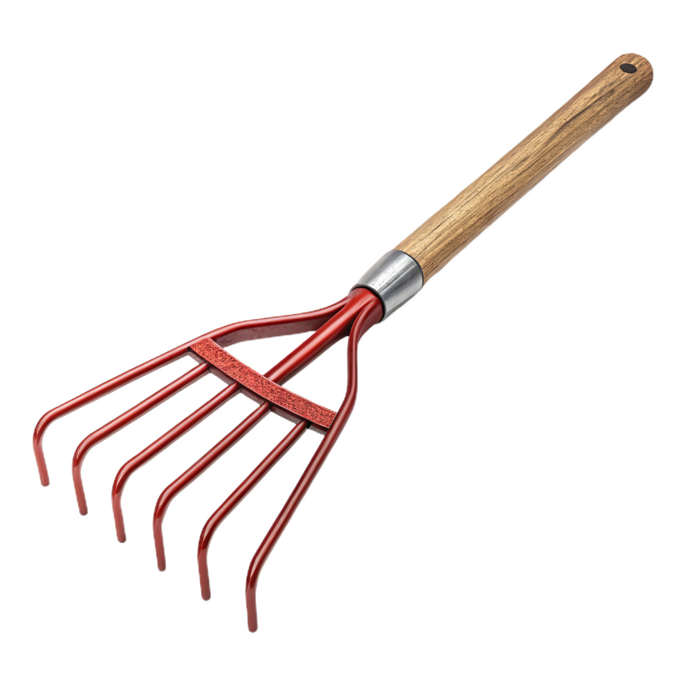 Durable garden rake with red metal prongs and wooden handle for easy use png