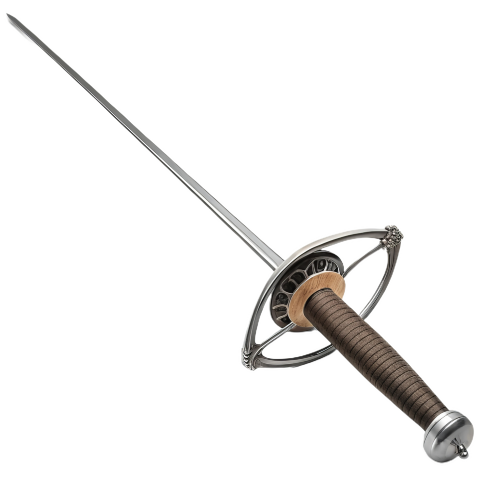 balanced fencing sword with metallic blade and wooden grip png