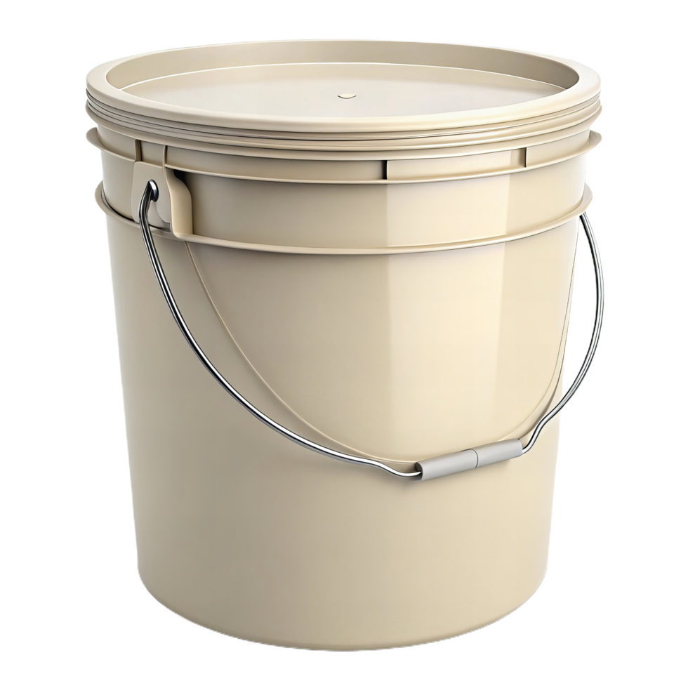 sturdy plastic bucket in neutral color with lid and handle png