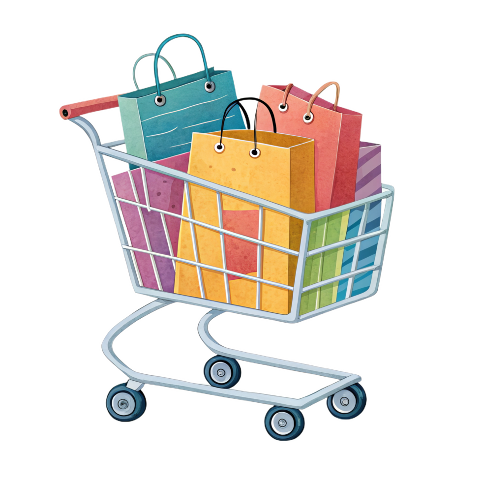 Shopping cart filled with colorful bags on white background png