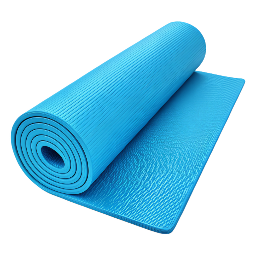 Rolled blue yoga mat with textured surface for exercise and fitness png