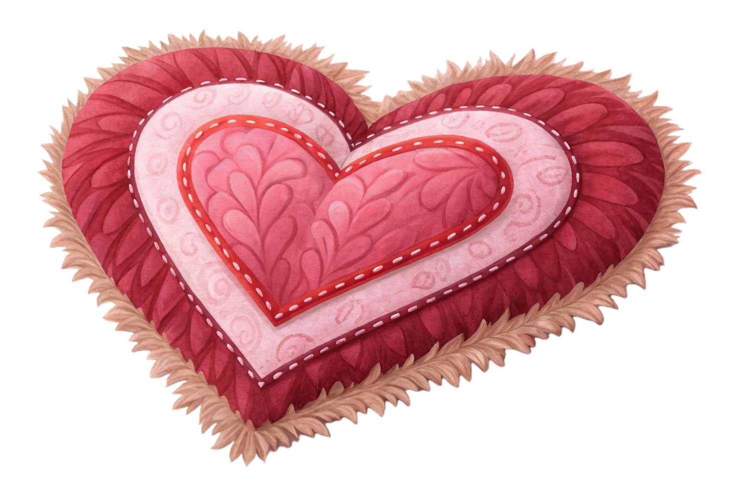 Fluffy red and pink heart pillow with intricate patterns, perfect for adding cozy touch to any space. Ideal for gifts or home decor png