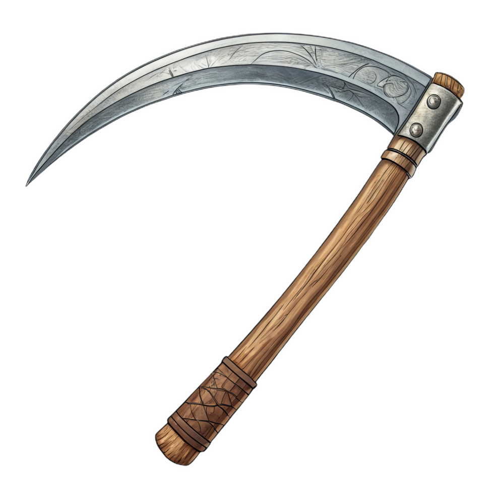 detailed illustration of curved scythe with wooden handle png
