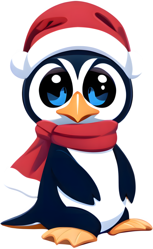 Cute Cartoon Penguin With Santa Hat And A Red Scarf png