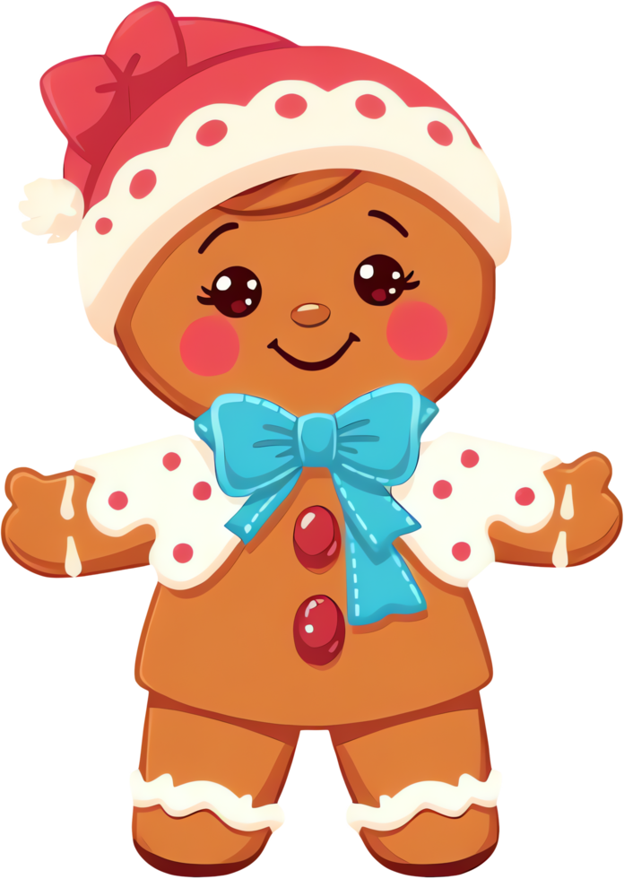 Cute Cartoon Christmas Gingerbread Man With Blue Bow and Santa Hat png