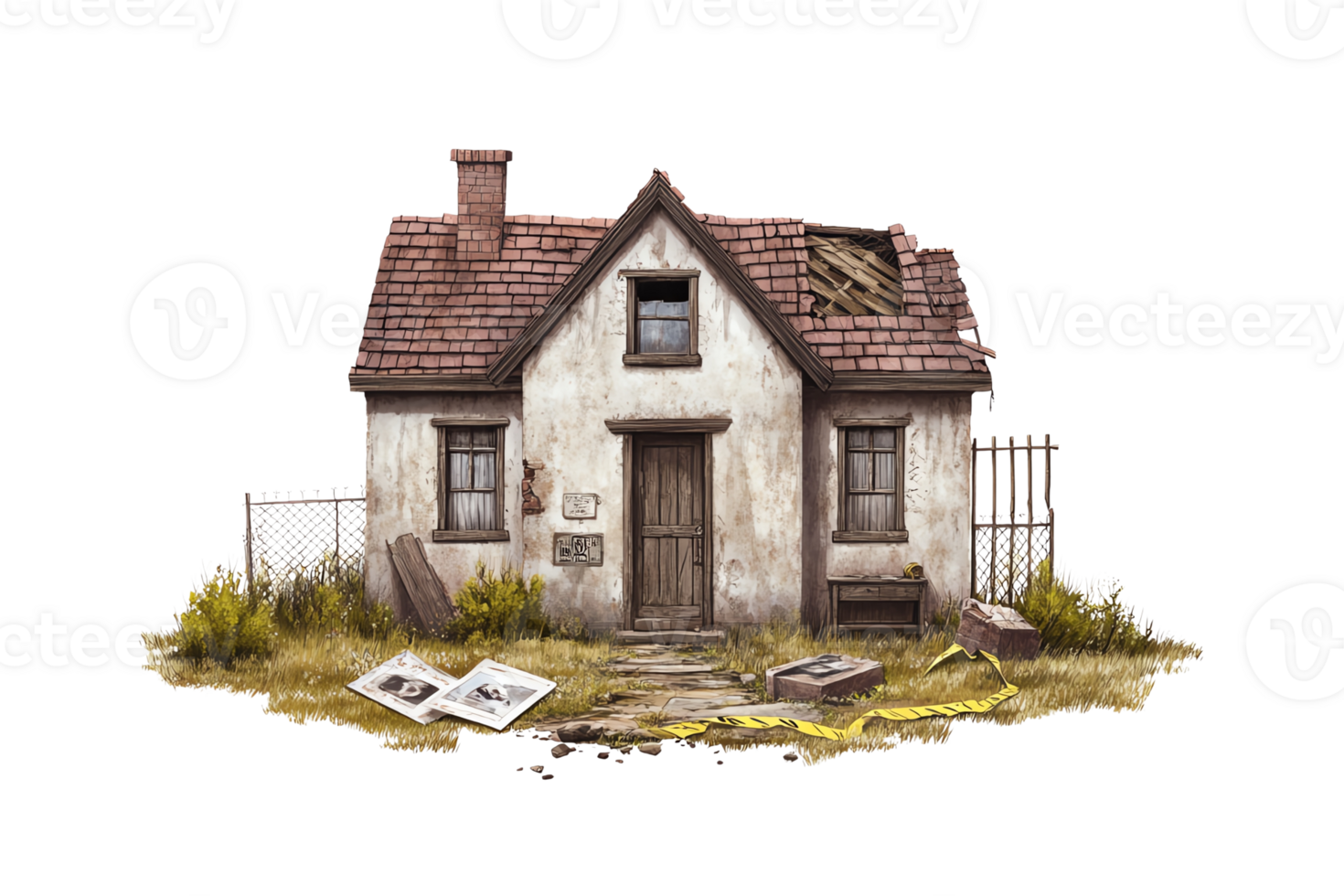 Rustic abandoned house with damaged roof, overgrown yard, isolate background. png