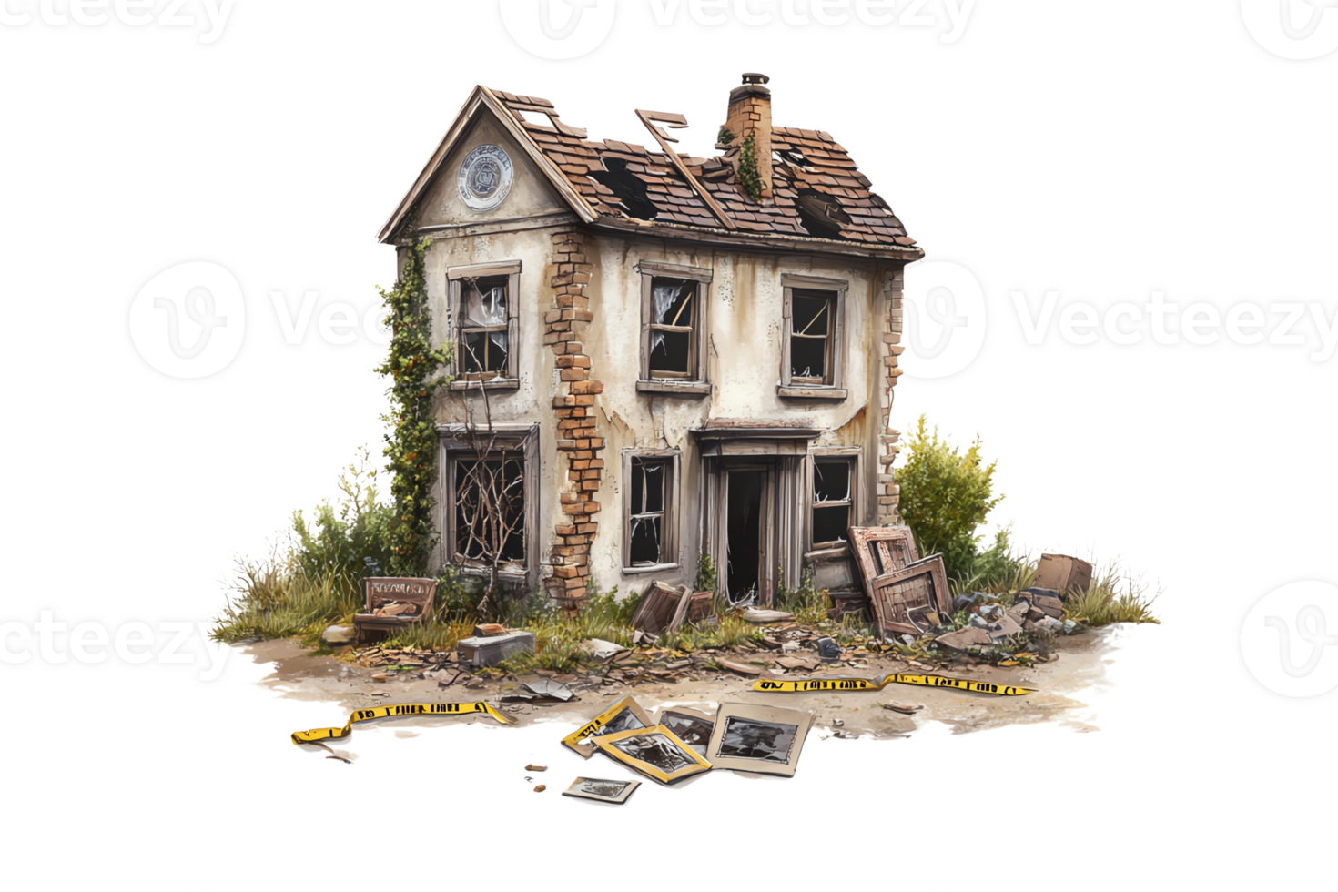 Old abandoned house in ruin with broken windows and roof, surrounded by overgrown plants. png