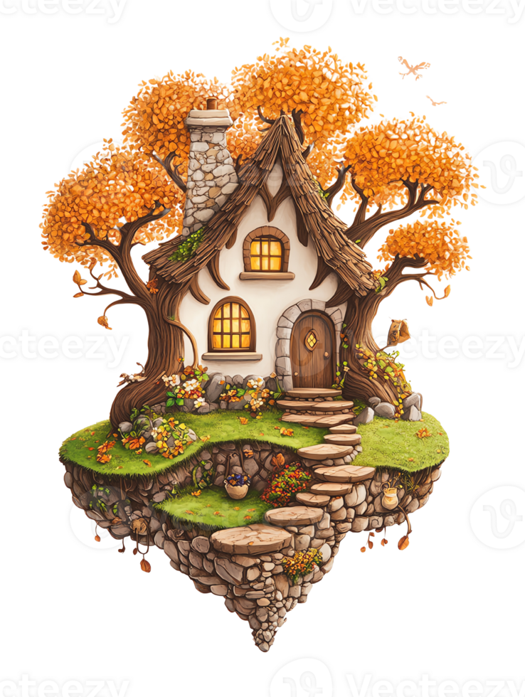 An illustration of a house on an island on isolate transparent background png
