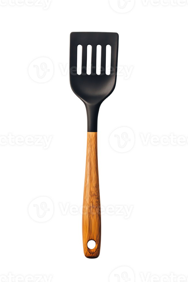 A black spatula with wooden handle on isolate transparent background png