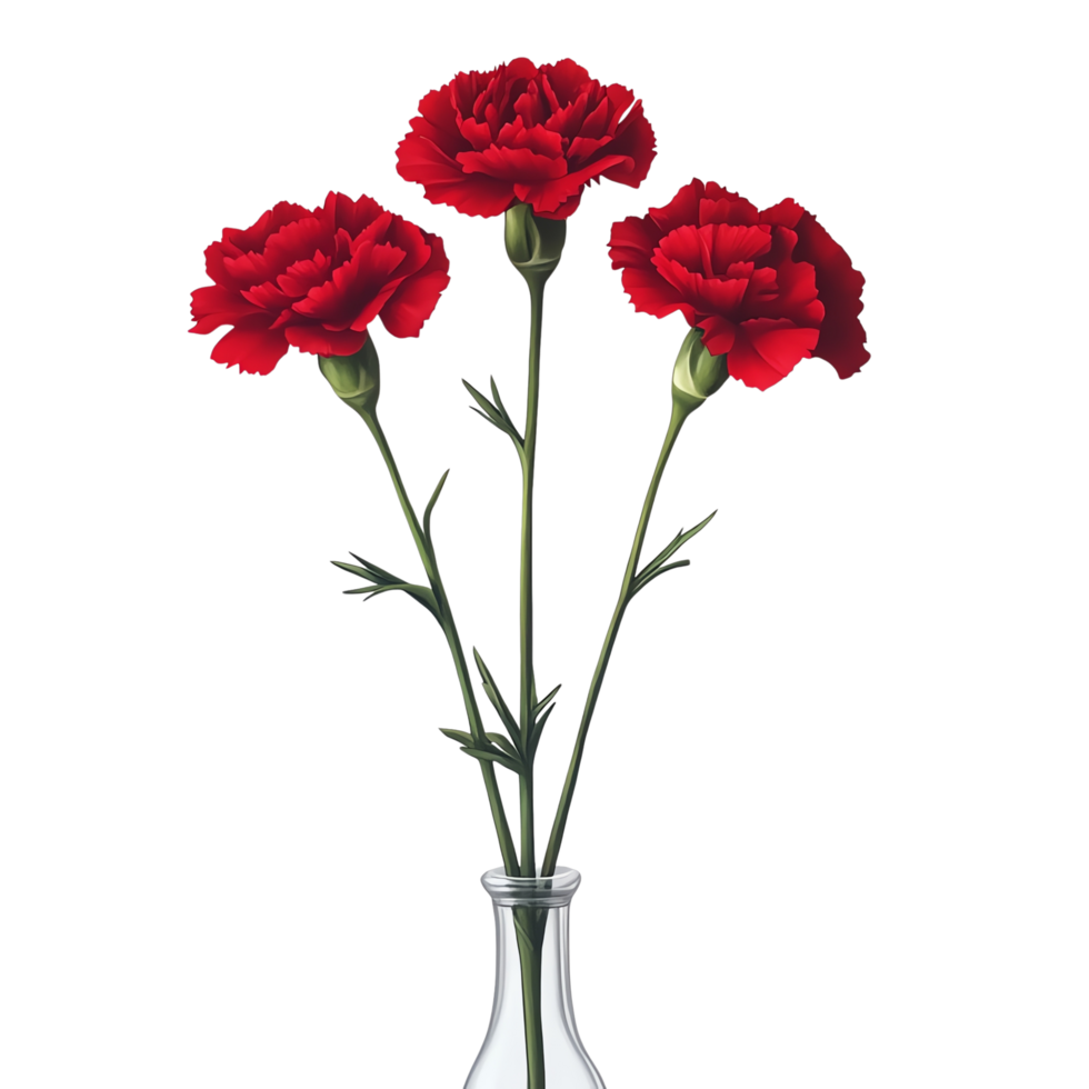 Red carnations in a clear glass vase, white isolate background png