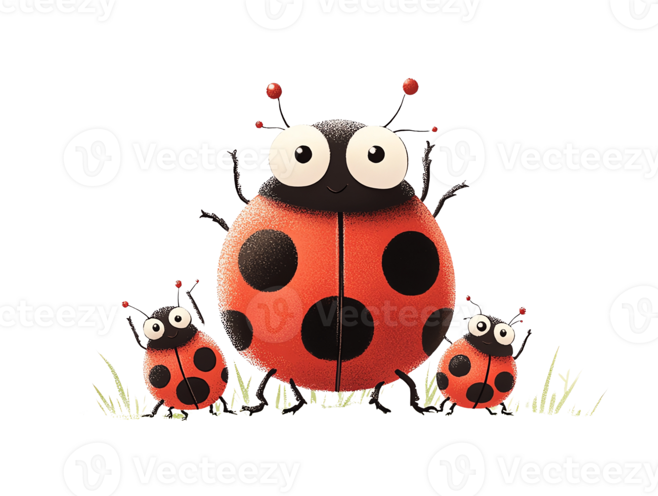 Cute cartoon ladybugs with big eyes and red shells, isolate background. png