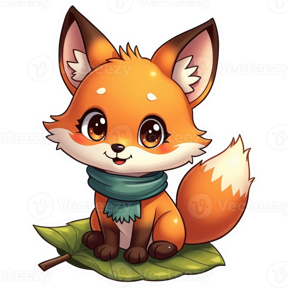 Cute cartoon fox is sitting on a leaf with a scarf png
