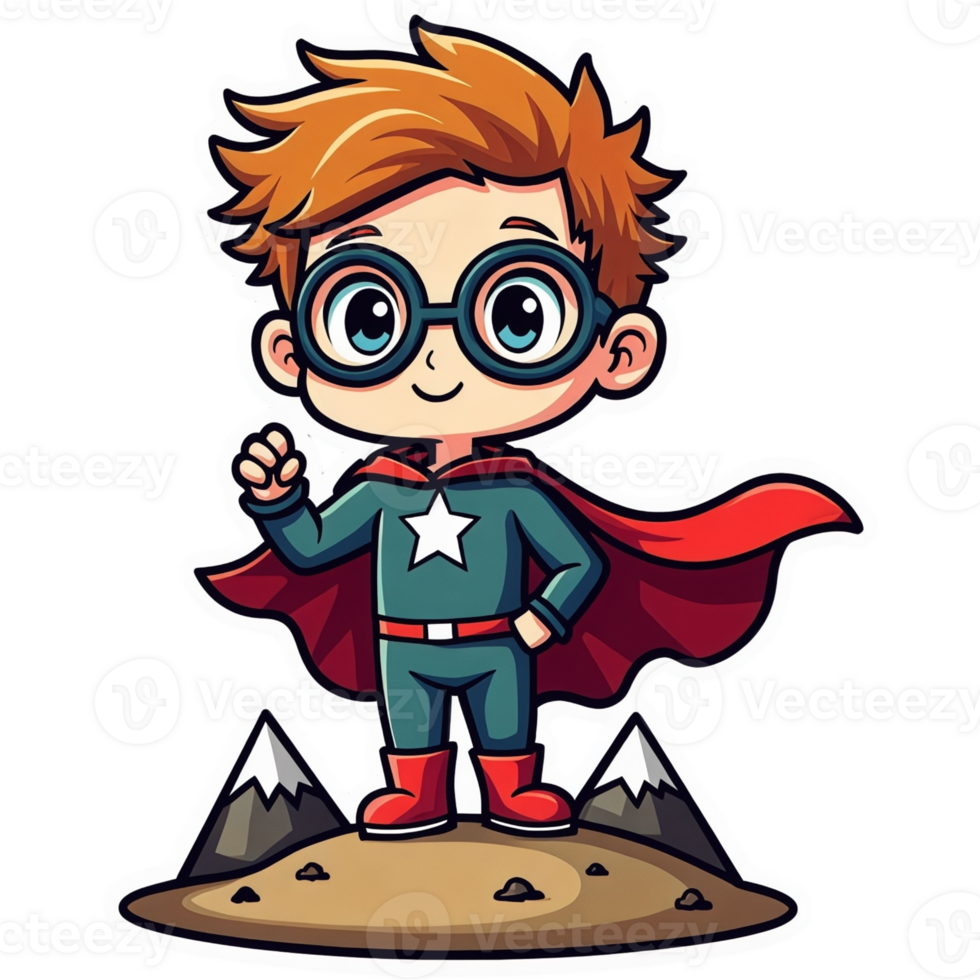 Cartoon boy in a superhero costume is standing on a mountain png
