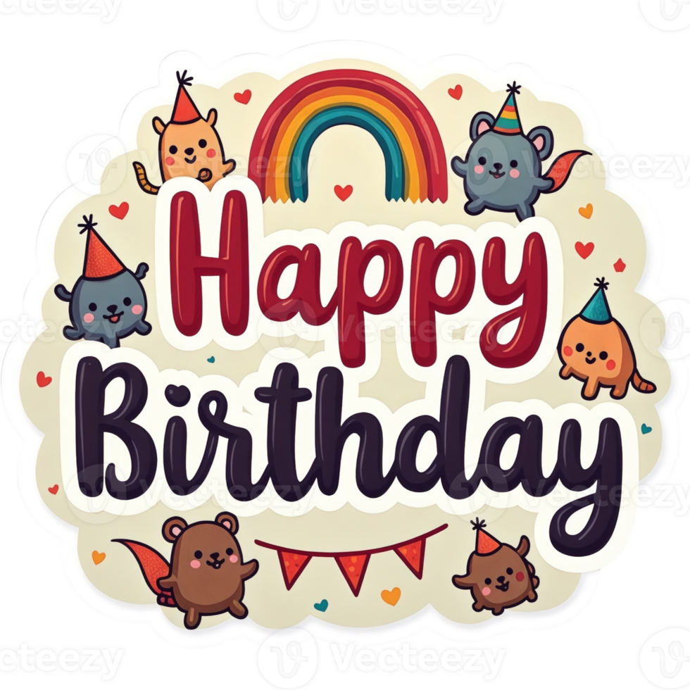Colorful birthday card with a rainbow and a bunch of cute animals png