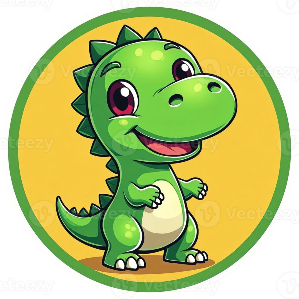 Cartoon dinosaur is smiling and standing on a yellow background png
