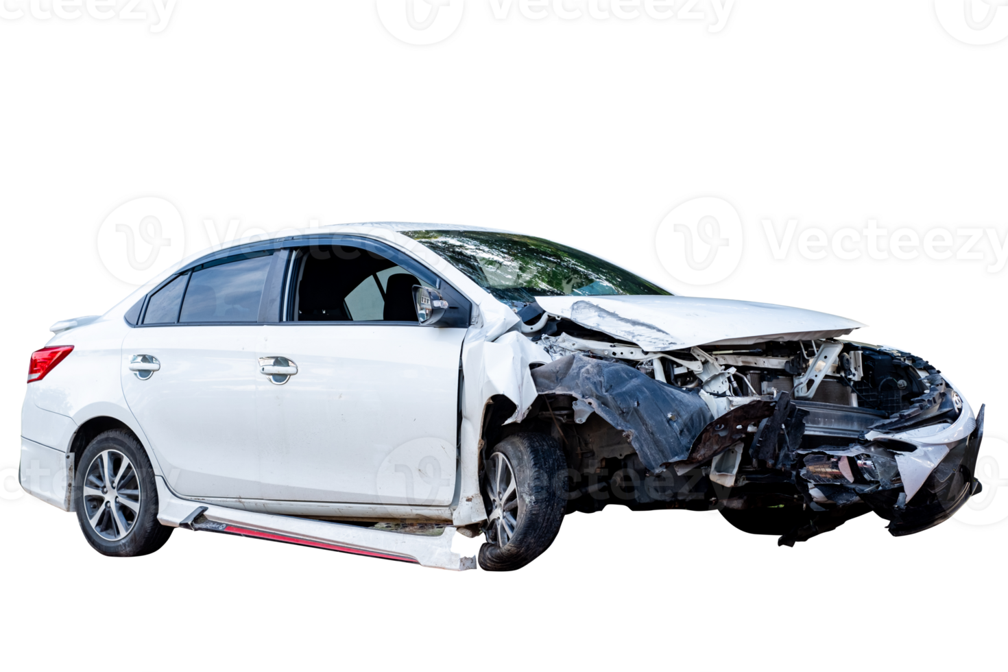 Car crash, Full body front and side view of white car get damaged by accident on the road. damaged cars after collision. Isolated on transparent background. File png