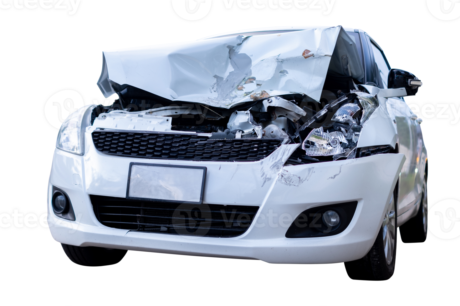 Car Broken,Full body front and side view of white car get damaged by accident on the road. damaged cars after collision. Isolated on transparent background, File png