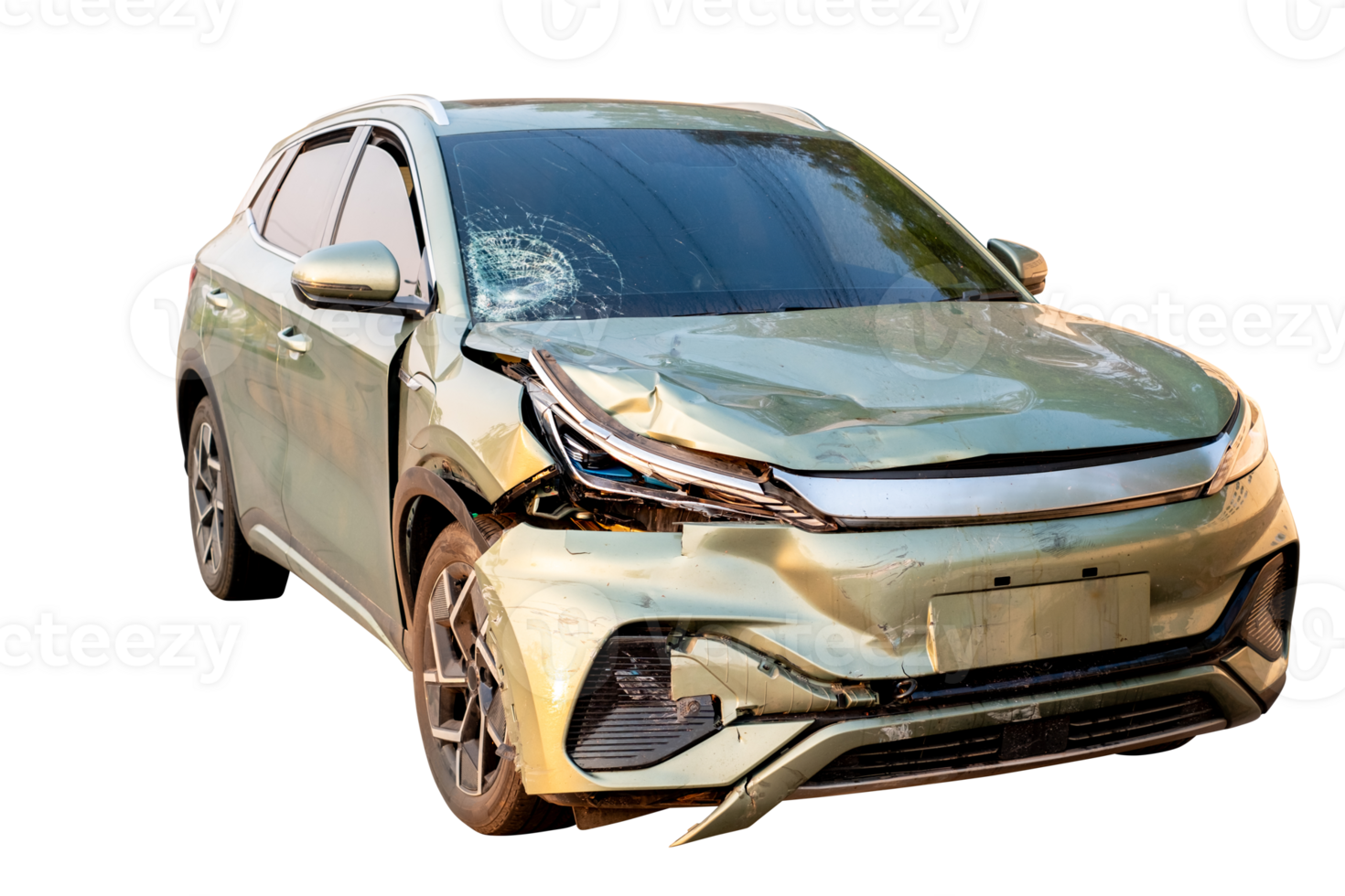 Electric Car, Front view of electric car get damaged by accident on the road. damaged cars after collision. isolated on transparent background, car crash bumper on the road, broken car png