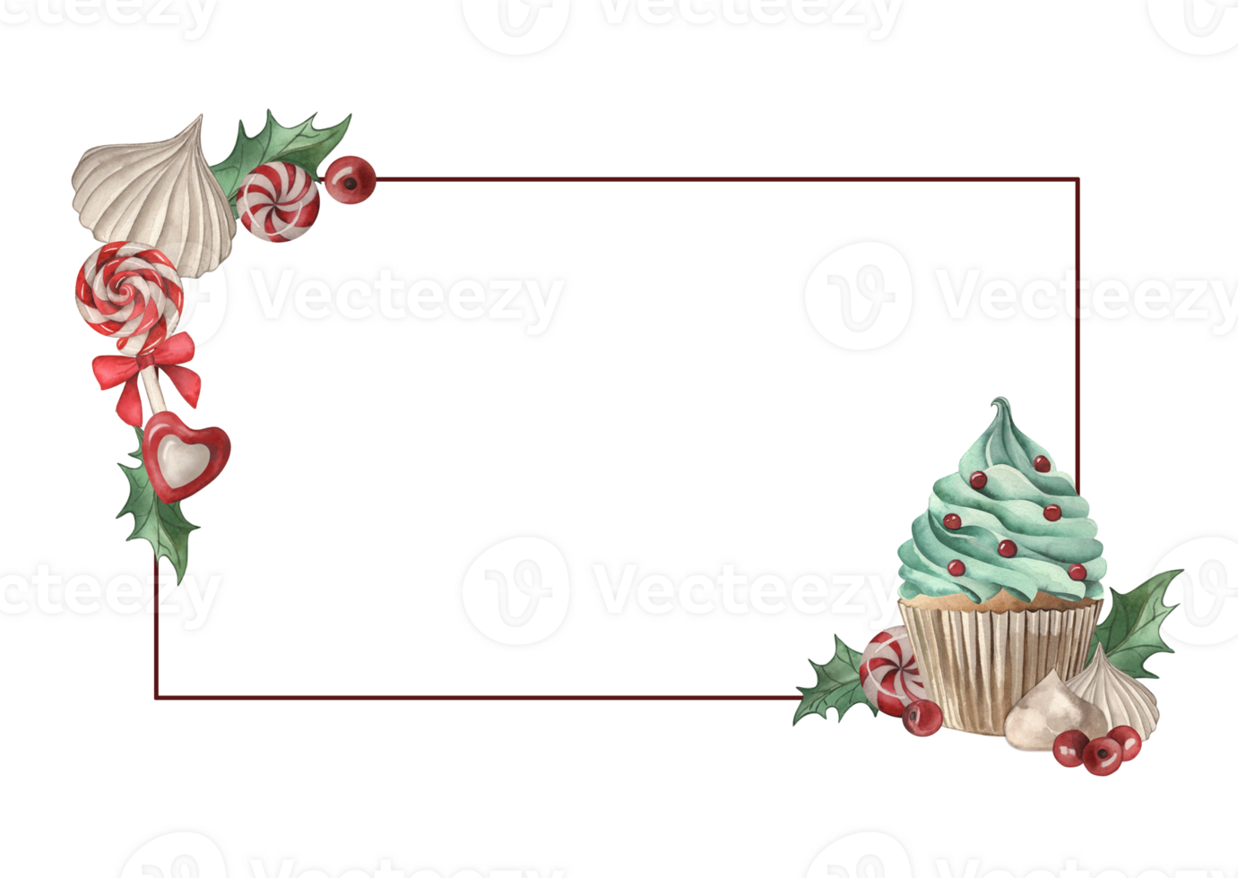 A rectangle frame decorated with Christmas sweets. Cupcakes lollipop meringues berries and holly leaves are hand-drawn in watercolor in red and green colors. New Year Greeting Card Template png
