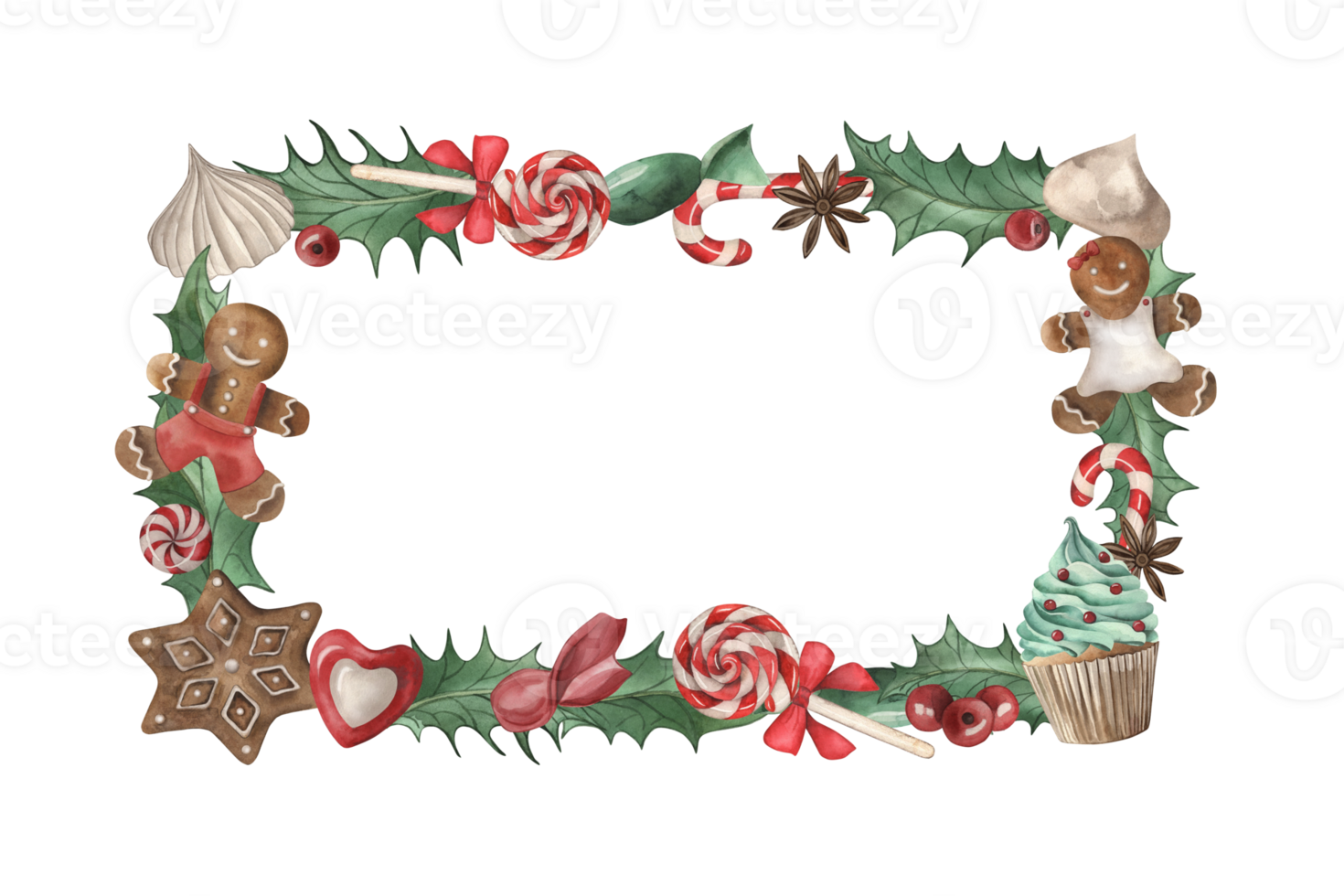 A rectangular wreath decorated with Christmas sweets. Cupcakes, gingerbread, candy, lollipop, meringue, holly, berries, anise are handmade in watercolor. The illustration is made in red, brown, green png