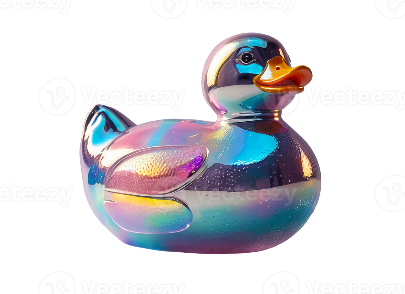 3D chrome element in Y2K style, isolated background, liquid holographic metal. Duck made of glass and has a rainbow-colored design. png