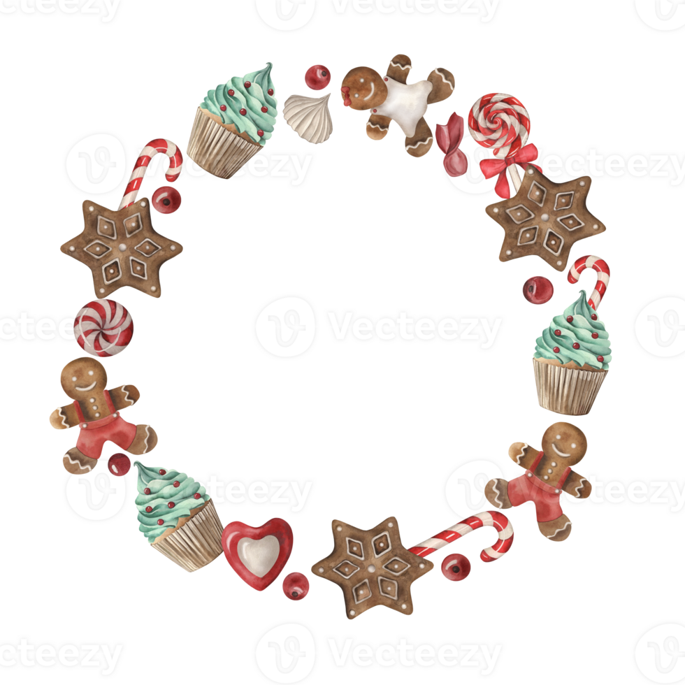A wreath of homemade Christmas pastries and sweets. Candies, lollipops, gingerbread, cupcakes, berries are hand-painted in watercolor on a white background. For holiday design, packaging, invitations png