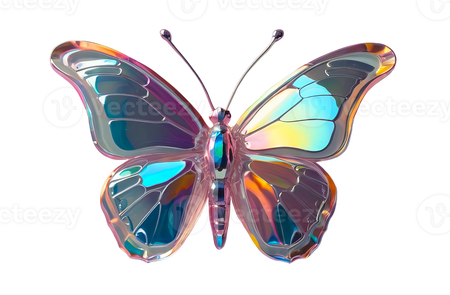 3D chrome element in Y2K style, isolated background, liquid holographic metal. A butterfly with a rainbow colored body and wings made of glass, shiny reflective surface. png