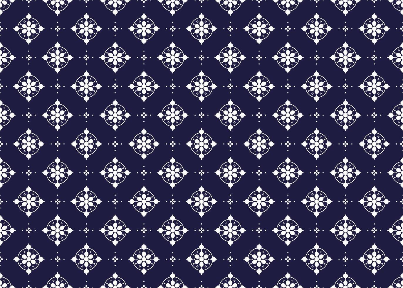 White symbol floral on dark blue background, ethnic fabric seamless pattern, design for cloth, carpet, batik, wallpaper, wrapping etc. vector